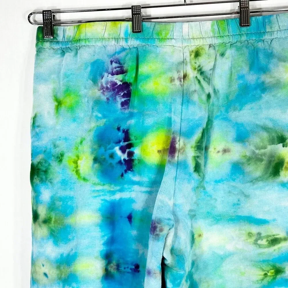 HM XL‎ Pants Dreaming Blue Tie Dye Handmade Blue Green Linen Cropped Pockets 689